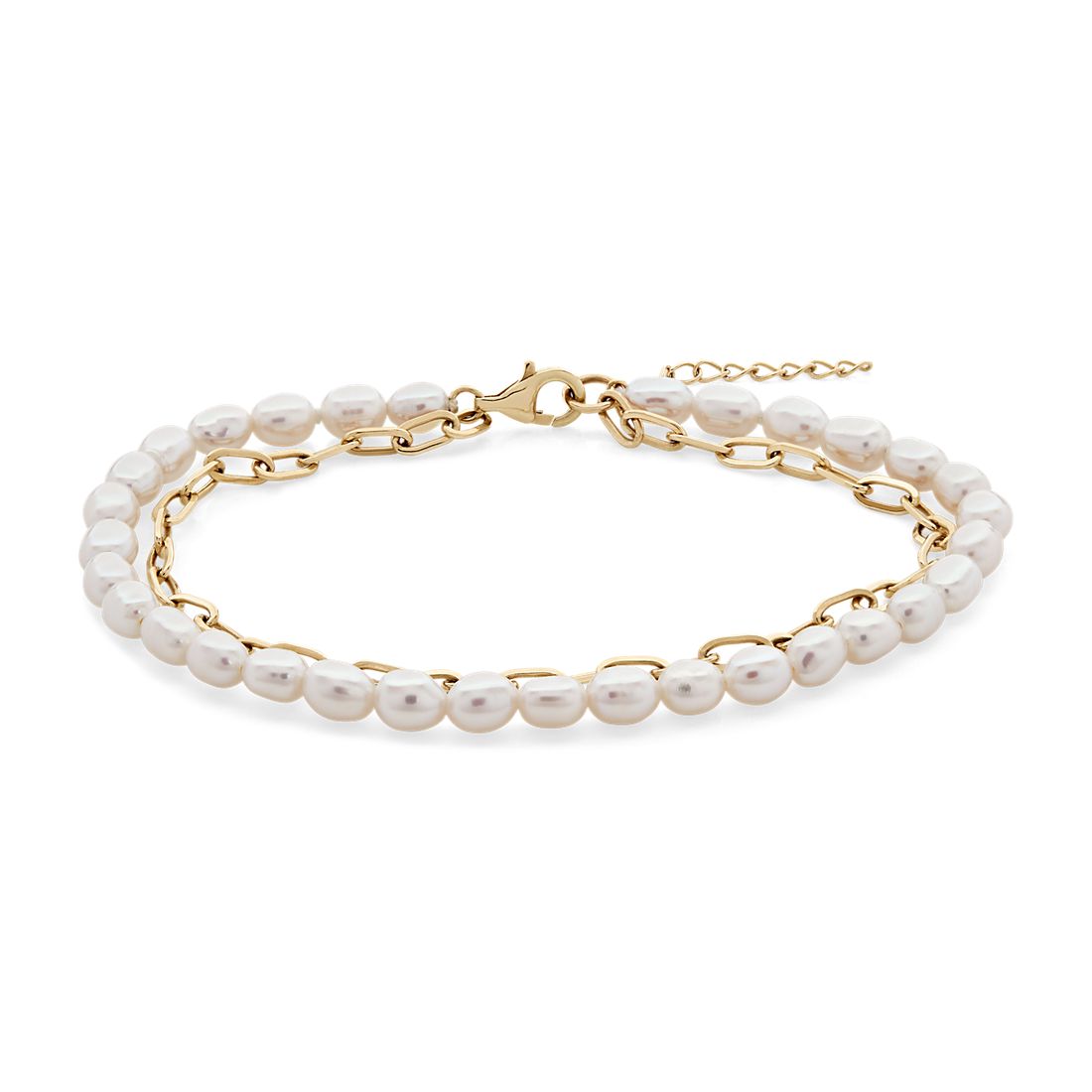 Freshwater Pearl and Paperclip Chain Double Strand Bracelet in 14k Yellow Gold