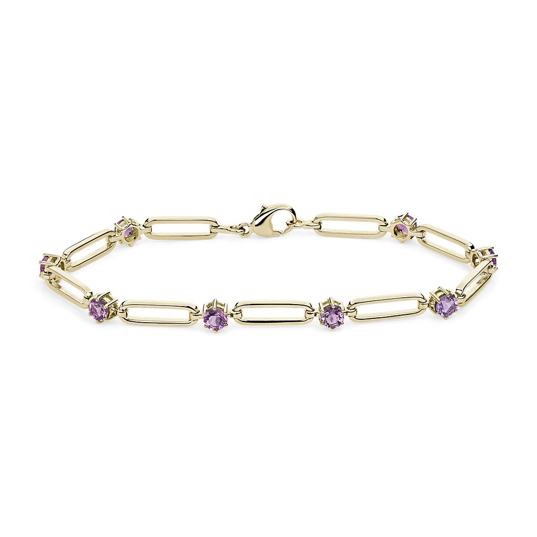 Round Amethyst Paperclip Bracelet in 14k Yellow Gold