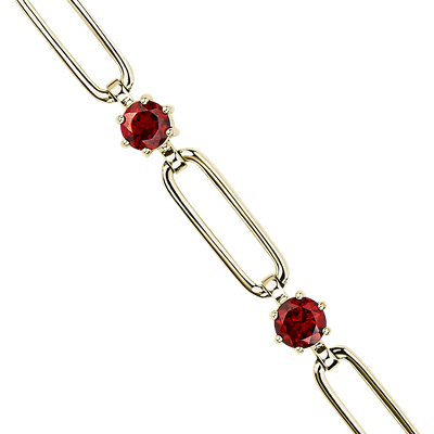 Round Garnet Paperclip Bracelet in 14k Yellow Gold
