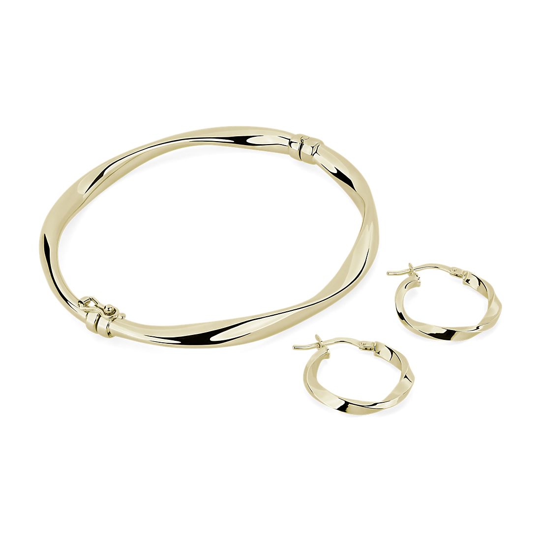 14k Yellow Gold Twisted Hinged Bangle and Hoop Earring Set