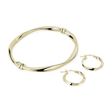 NEW 14k Yellow Gold Twisted Hinged Bangle and Hoop Earring Set