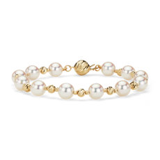 Bracelet avec alternance de perles d’Akoya et de boules en or en or jaune 14 carats (7,5-8 mm)