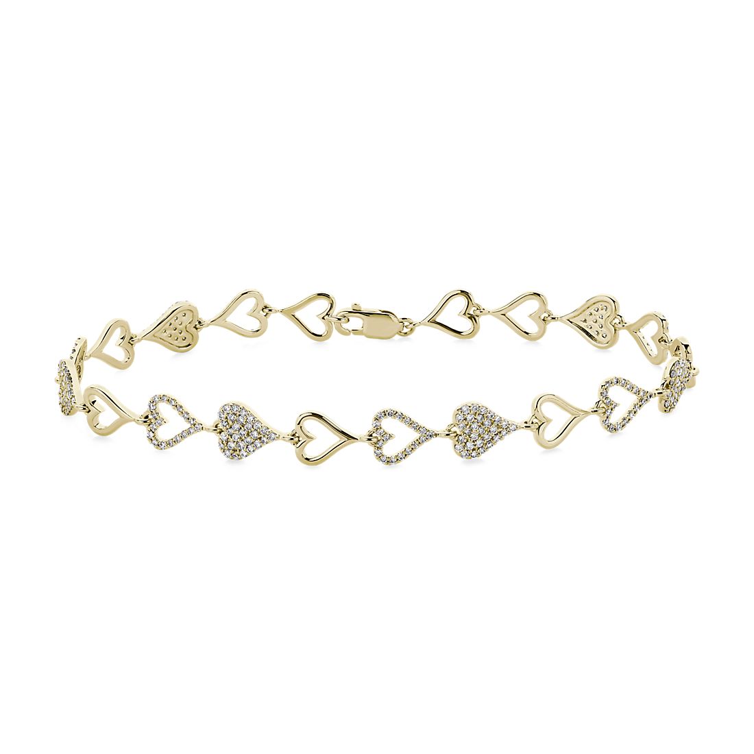 Alternating Diamond Heart Link Bracelet in 14k Yellow Gold ​(0.70 ct. tw.)
