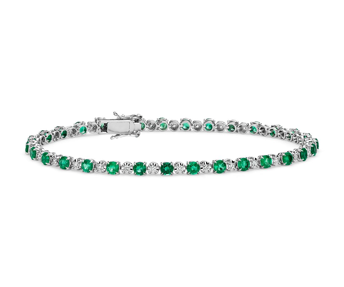 Alternating Size Emerald and Diamond Bracelet in 14k White Gold (3mm)