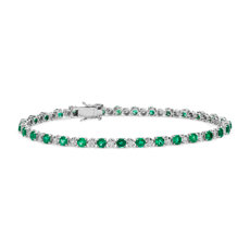 Alternating Size Emerald and Diamond Bracelet in 14k White Gold (3mm)
