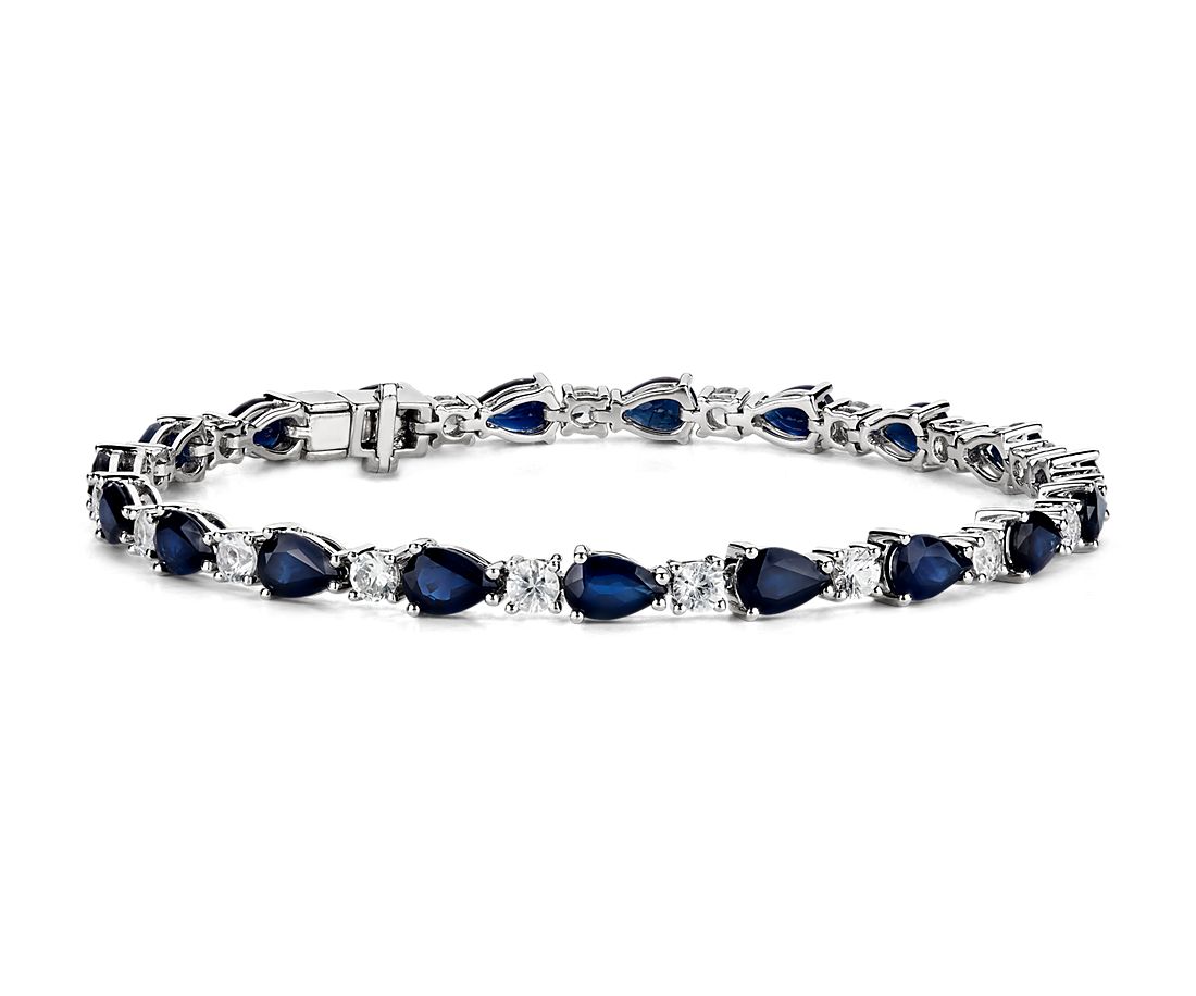 Blue and White Sapphire Bracelet in 14k White Gold