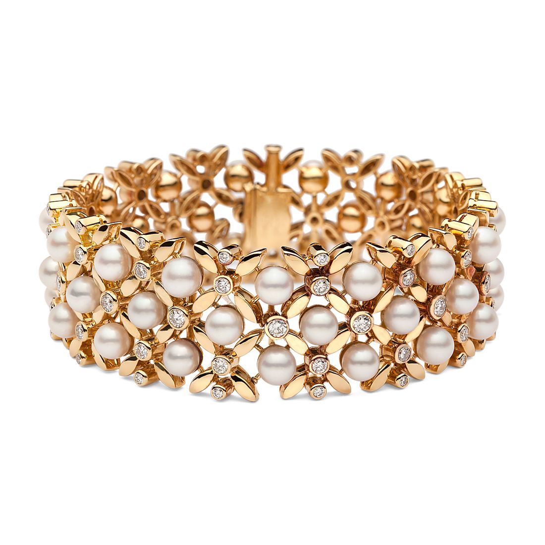 Estate Vintage Akoya Cultured Pearl and Diamond Bracelet in 18k Yellow Gold (2.37 ct. tw.)