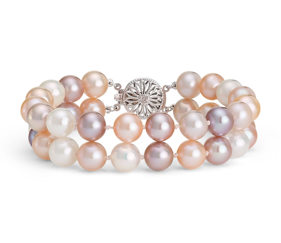 Double-Strand Multicolored Freshwater Cultured Pearl Bracelet in 14k White Gold (8.0-9.0mm)