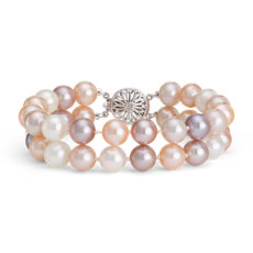 Bracelet de perles de culture d’eau douce multicolores double rang en or blanc 14 carats(8,0-9,0 mm)