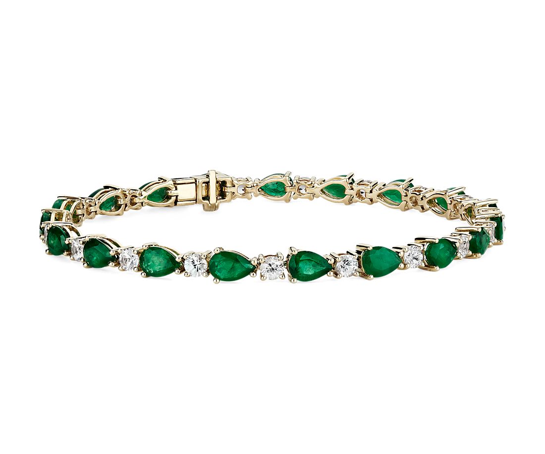 Emerald and White Sapphire Bracelet in 14k Yellow Gold