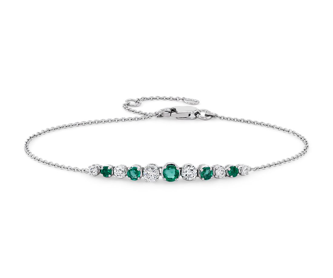 Emerald and Diamond Graduated Curve Bracelet in 14k White Gold 