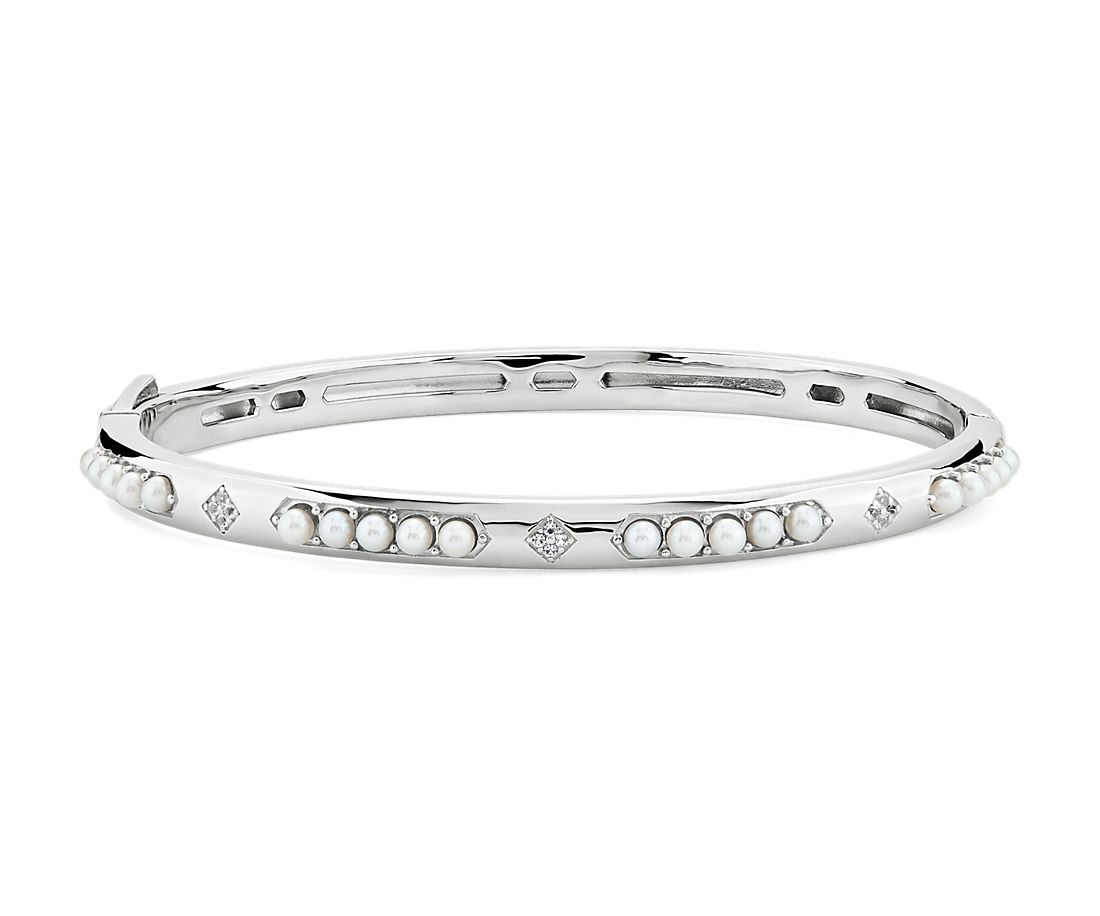Freshwater Pearl & White Topaz Bangle in Sterling Silver