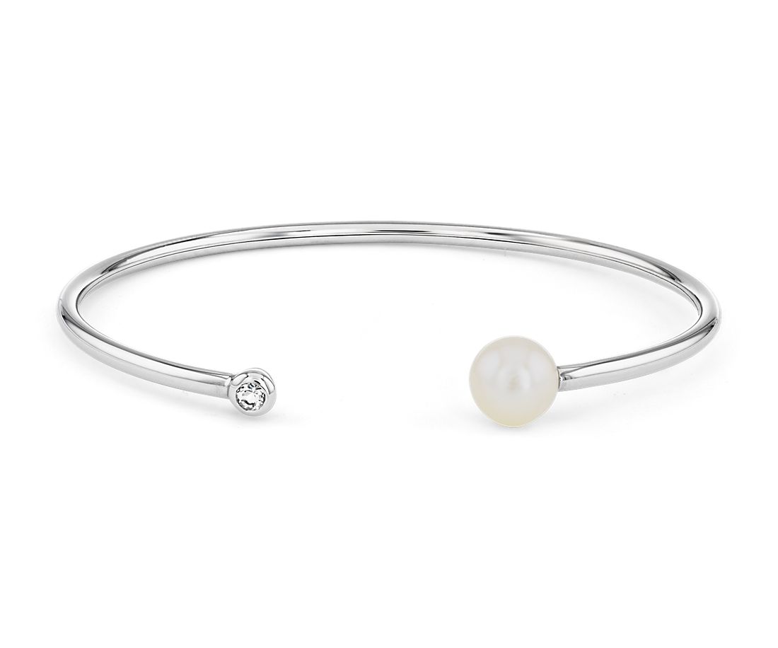 Cultured Freshwater Pearl Bangle Bracelet with White Topaz Detail in Sterling Silver (8-8.5mm)