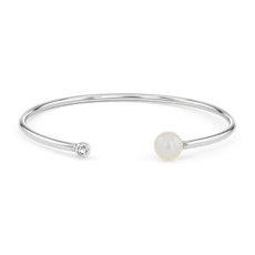 Cultured Freshwater Pearl Bangle Bracelet with White Topaz Detail in Sterling Silver (8-8.5mm)