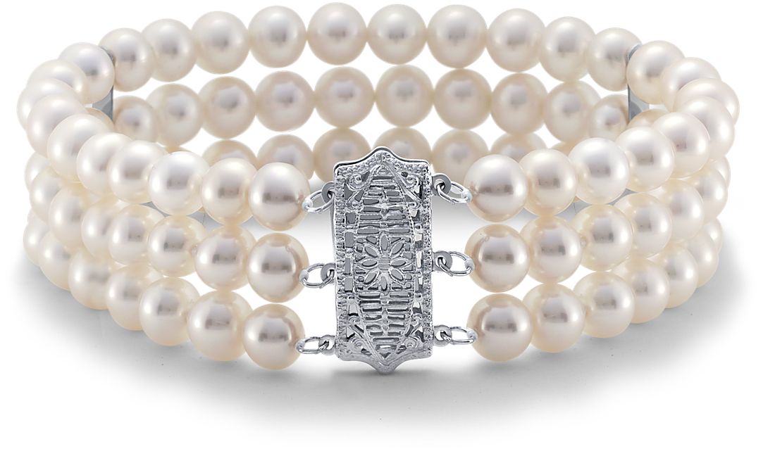 Triple-Strand Freshwater Cultured Pearl Bracelet in 14k White Gold (6-6.5mm)