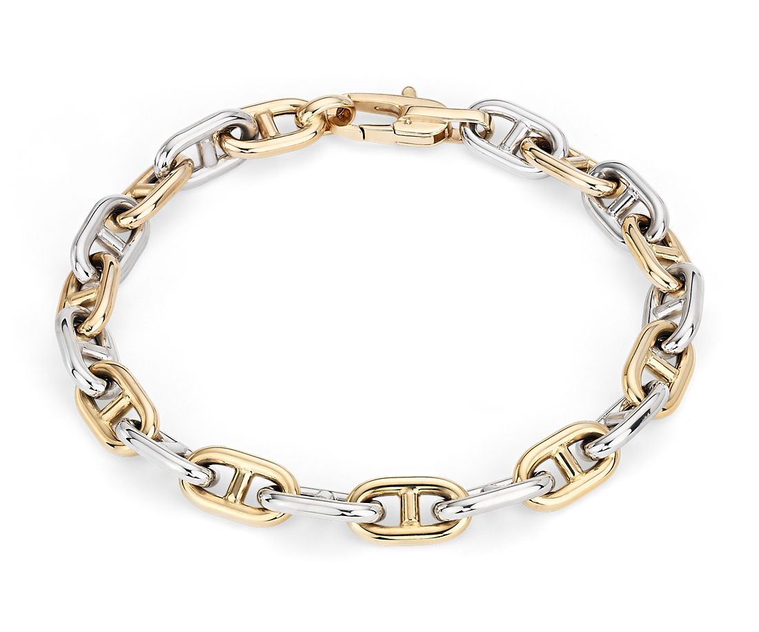 Men's High Polish Alternating Mariner Link Bracelet in 14k Italian White and Yellow Gold
