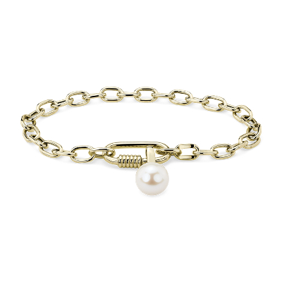 14k Italian Yellow Gold Link Bracelet with Carabiner Lock and Pearl ...