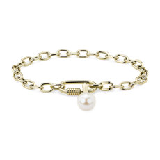 14k Italian Yellow Gold Link Bracelet with Carabiner Lock and Pearl Charm