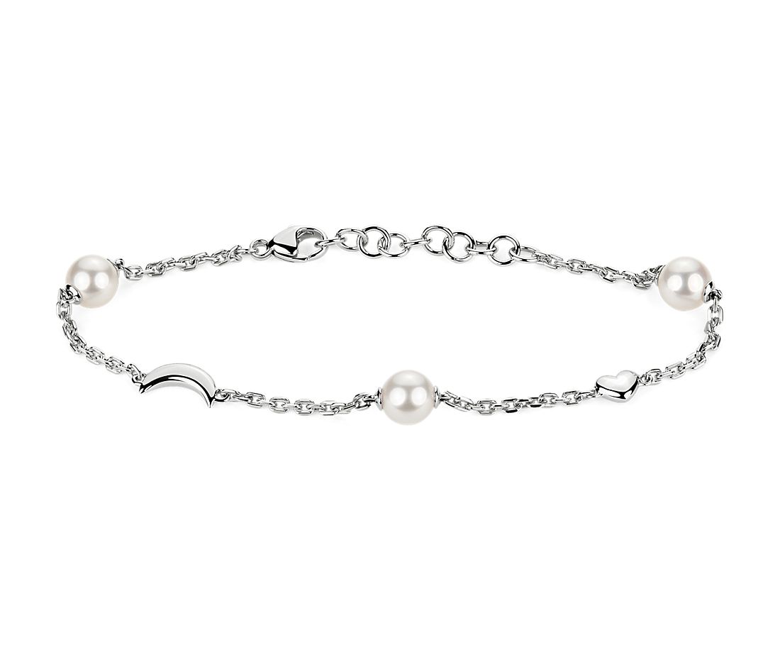 7.25" Monica Rich Kosann Pearl, Moon, and Heart Charm Bracelet in Sterling Silver