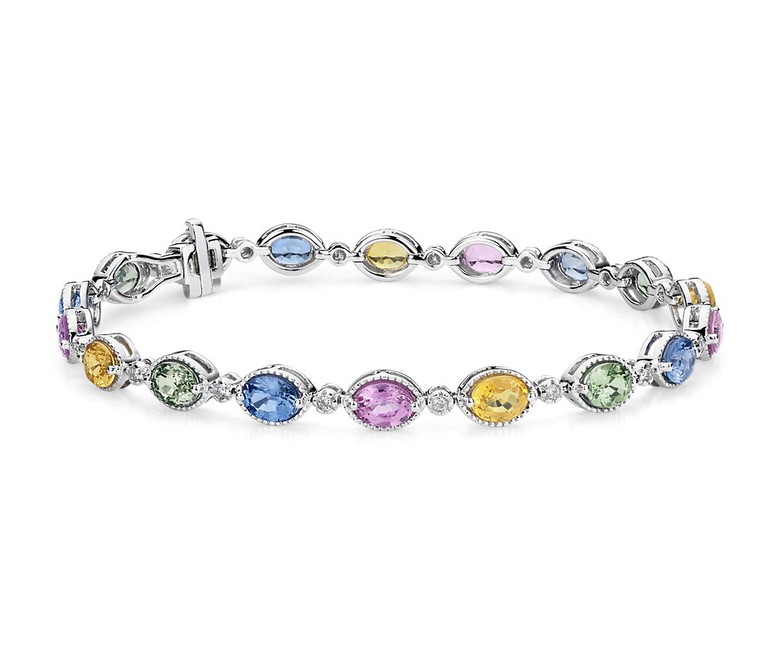 Multicolor Sapphire and Diamond Bracelet in 14k White Gold (5x4mm)