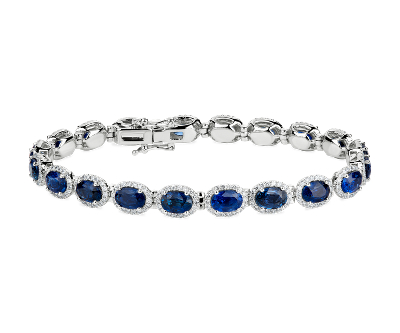 Oval Sapphire with Diamond Halo Tennis Bracelet in 18k White Gold ...