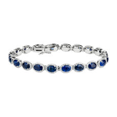 Oval Sapphire with Diamond Halo Tennis Bracelet in 18k White Gold