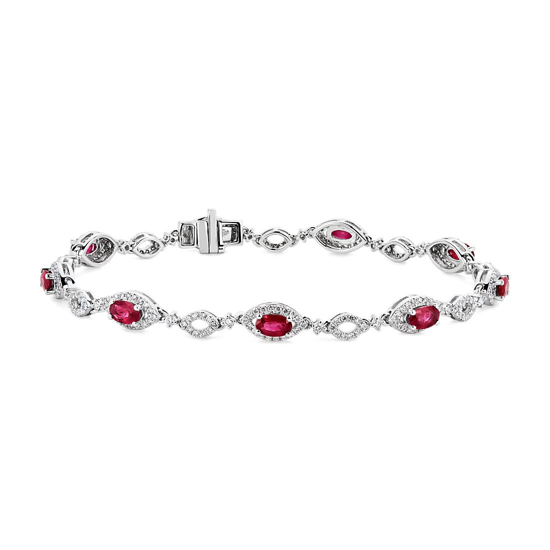 Oval Ruby and Round Diamond Bracelet in 14k White Gold