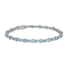 新款 14k 白金梨形海蓝宝石和白色蓝宝石手链