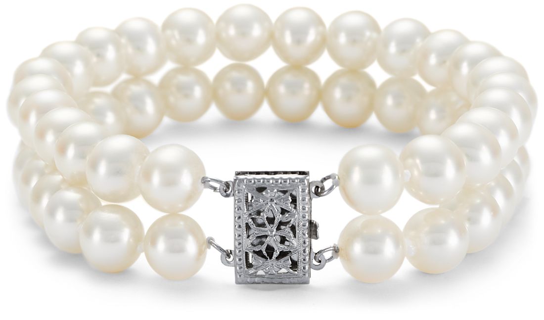 Bracelet de perles de culture d’eau douce double rang avec or blanc 14 carats (7,0-7,5 mm)