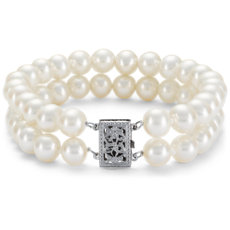 Bracelet de perles de culture d’eau douce double rang avec or blanc 14 carats (7,0-7,5 mm)