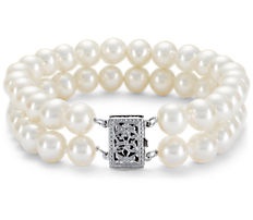 Double-Strand Freshwater Cultured Pearl Bracelet with 14k White Gold (7.0-7.5 mm)