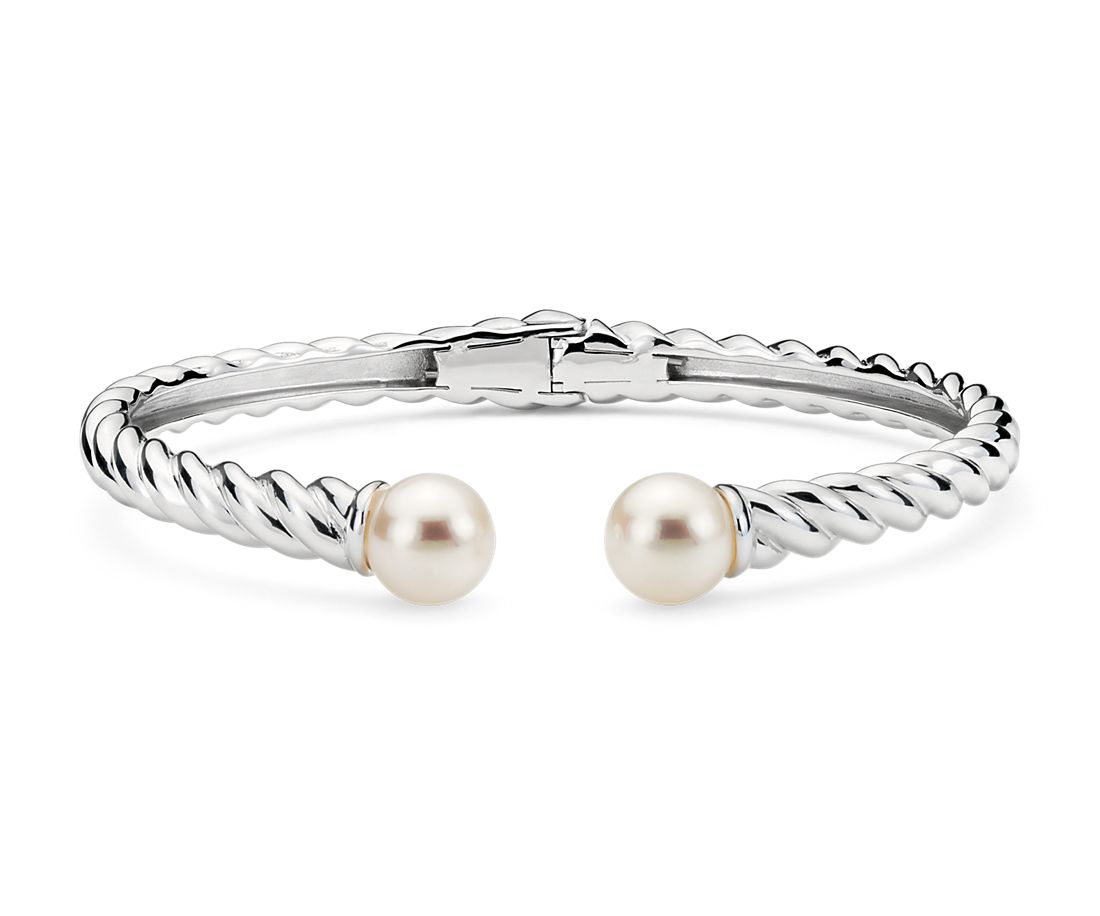 Rhodium Plated Pearl Wedding Cuff Bangle Bracelet 