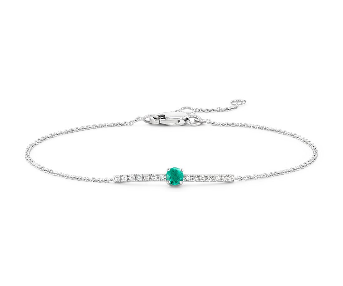 Petite Emerald and Diamond Bar Bracelet in 14k White Gold (3mm)
