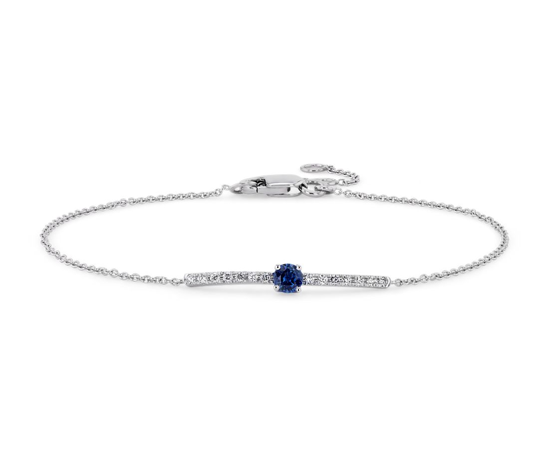Petite Sapphire and Diamond Bar Bracelet in 14k White Gold (3mm)