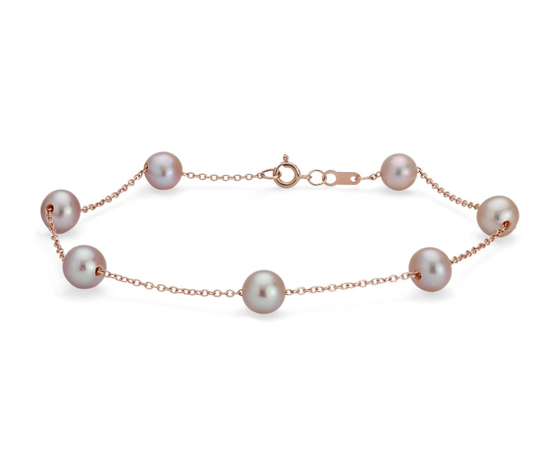 Pink Freshwater Cultured Pearl Tincup Stationed Bracelet in 14k Rose Gold (5.5mm)