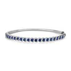 Round Sapphire and Diamond Hoop Bangle in 14k White Gold
