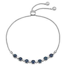 Round Sapphire and Diamond Bolo Bracelet in 14k White Gold (4mm)