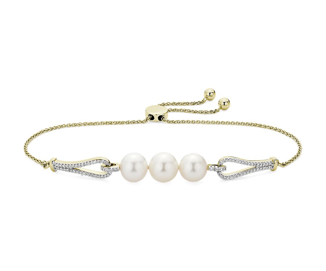 White Freshwater Pearl Bolo Bracelet with Diamond Detail in 14k Yellow Gold