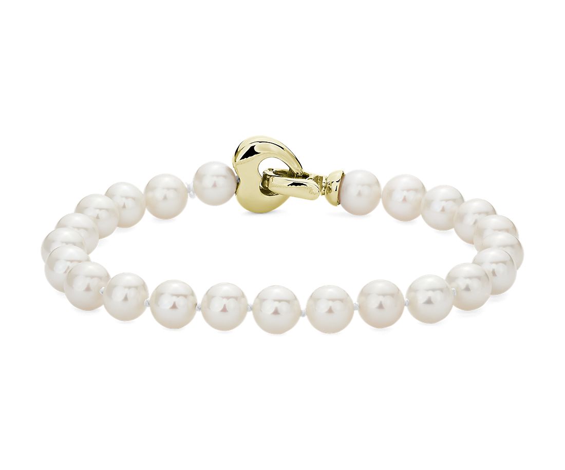 Bracelet de perles d’eau douce blanches en or jaune 14 carats(6,5-7 mm)