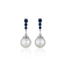 Akoya Pearl and Sapphire Drop Earrings in 14k White Gold