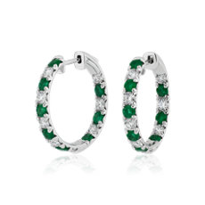 NEW Alternating Emerald and Diamond French Pave Hoop Earrings in 14k White Gold