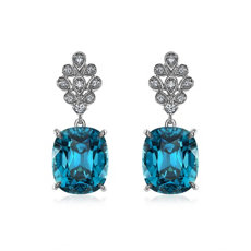 NEW Blue Zircon and Diamond Drop Earrings in 18k White Gold