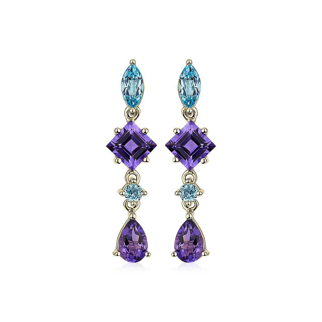 Blue Topaz and Amethyst Mixed Shape Drop Earrings in 14k Yellow Gold
