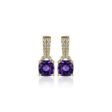 新款 14k 金垫形紫水晶与钻石瓜子爪吊式耳环