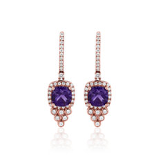 新款 14k 玫瑰金垫形切割紫水晶与钻石吊式耳环