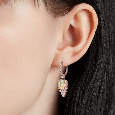 Cushion Cut Opal and Diamond Drop Earrings in 14k Rose Gold