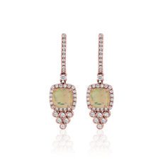Cushion Cut Opal and Diamond Drop Earrings in 14k Rose Gold