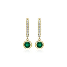 NEW Diamond Huggies with Bezel Set Emerald Earrings in 14k Yellow Gold
