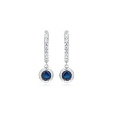 NEW Diamond Huggies with Bezel Set Sapphire Drop Earrings in 14k White Gold