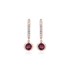 NEW Diamond Huggies with Bezel Set Ruby Drop Earrings in 14k Rose Gold